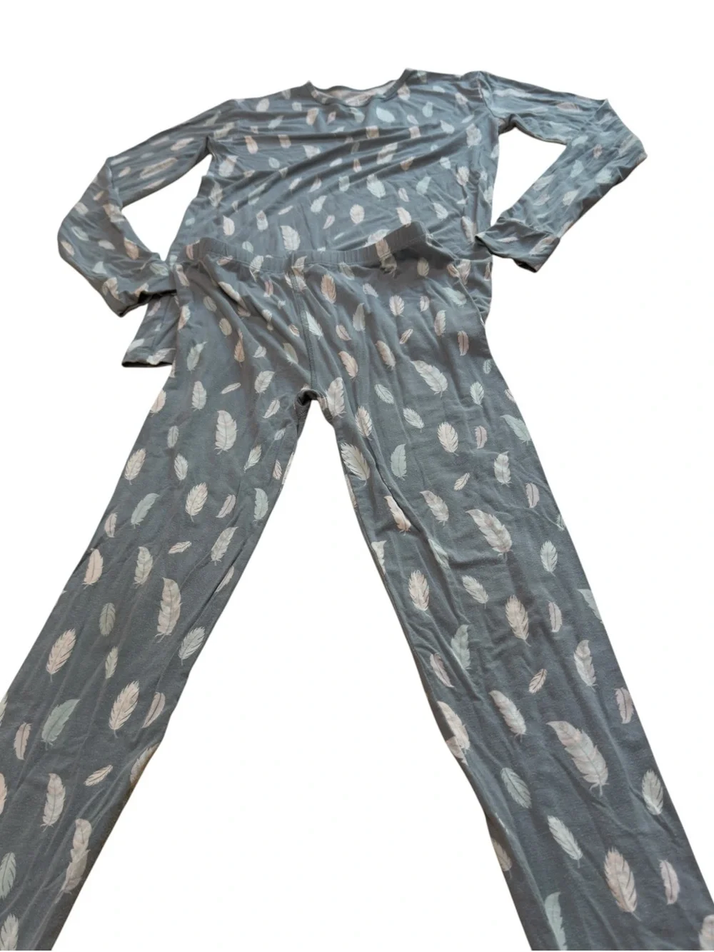 Sweet Bamboo Feather Print Soft Bamboo Pajama Set Blue Girls Youth Size 12 EUC